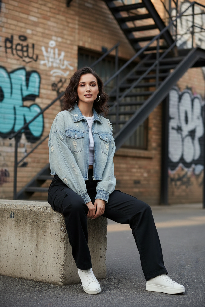 BoopEdge Cropped Denim Jacket - Sitting Pose