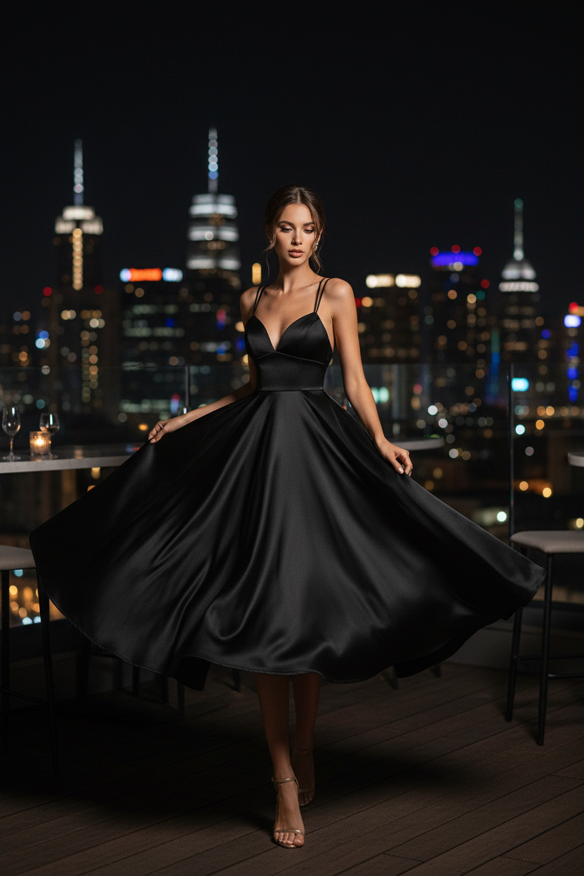 BoopElegance Satin Midi Dress in Black
