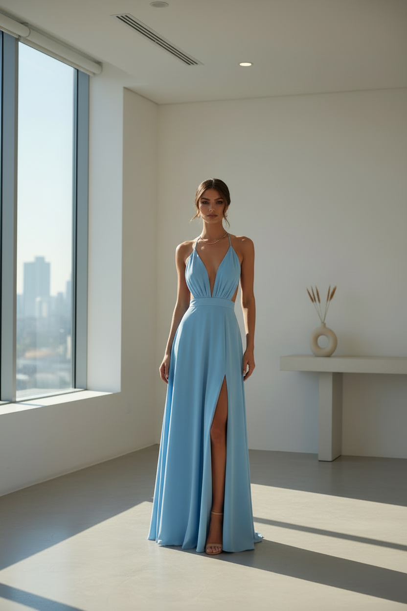 BoopLuxe Halter Maxi Dress in Light Sky Blue