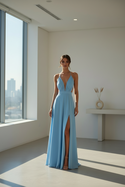 BoopLuxe Halter Maxi Dress in Light Sky Blue