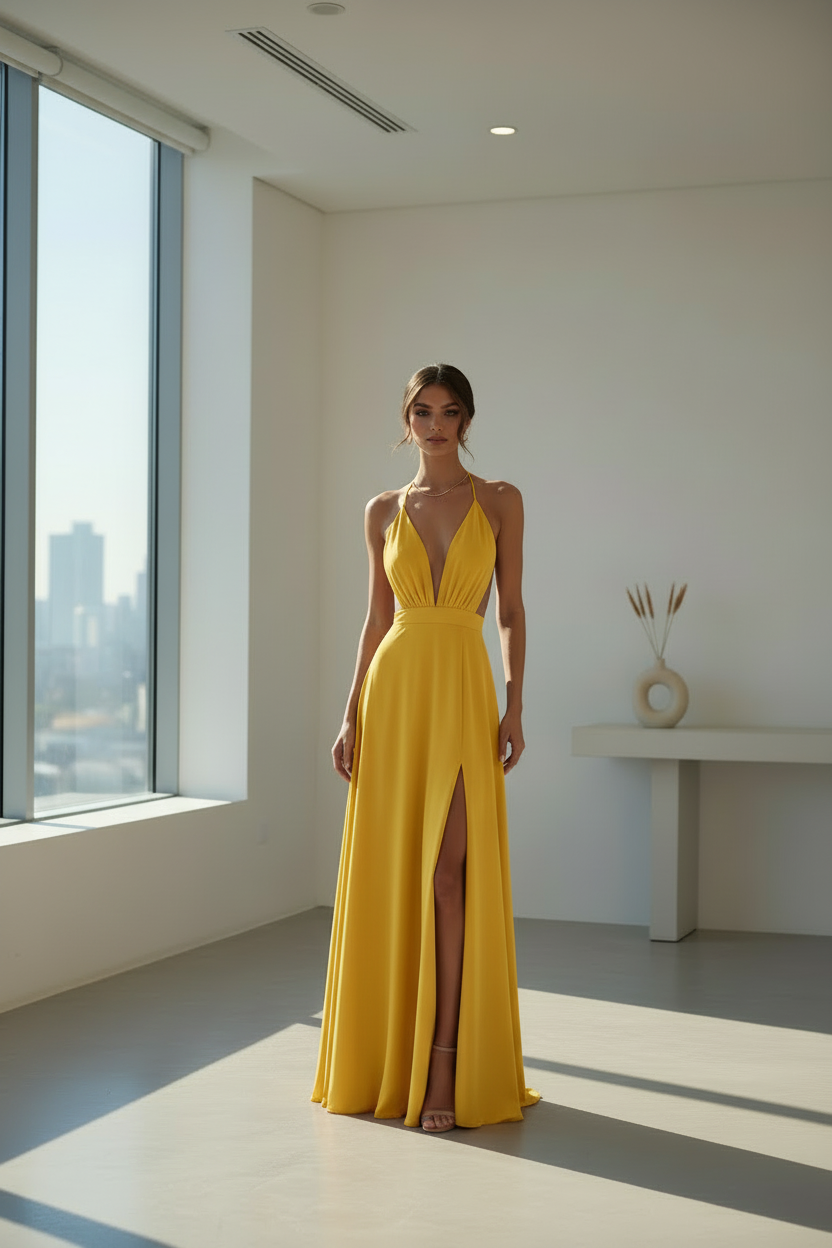 BoopLuxe Halter Maxi Dress in Yellow