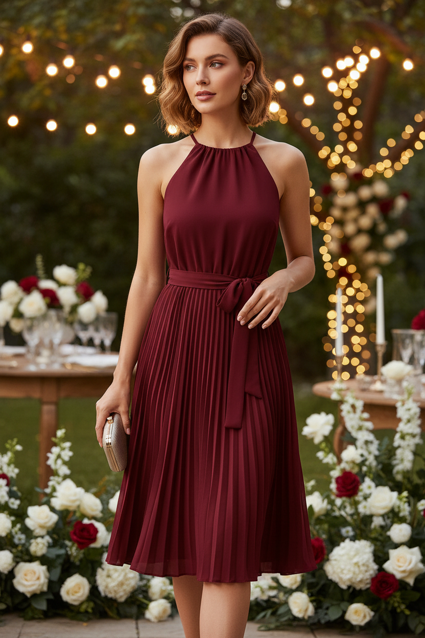 BoopLuxe Pleated Halter Dress in Burgundy