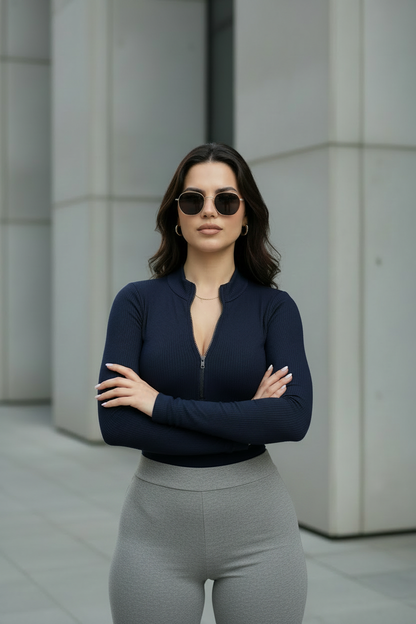 Seamless Zip Bodysuit in Midnight with Grey Pants